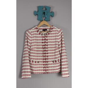 Talbots Tweed Embroidered Fringe Trim Blazer Jacket Size 10 Pink B/W